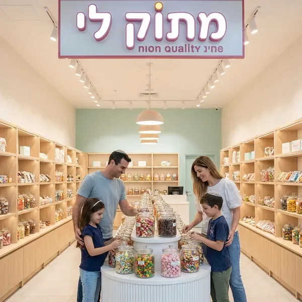 משפחה שמחה בוחרת ממתקים ביחד בחנות